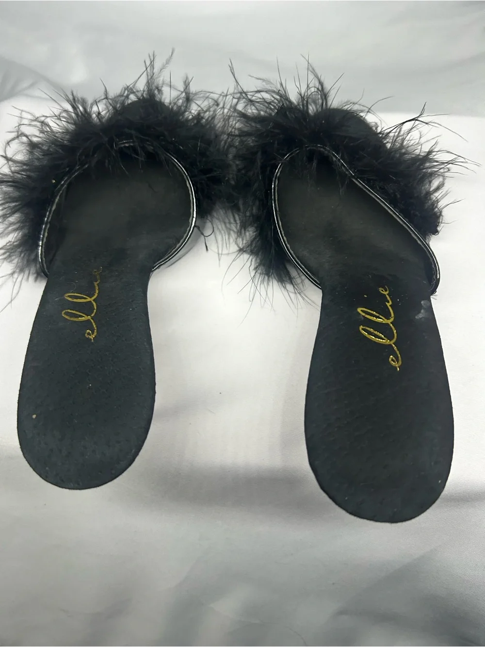 Ellie Black Feather Slide Heels with Marabou Trim